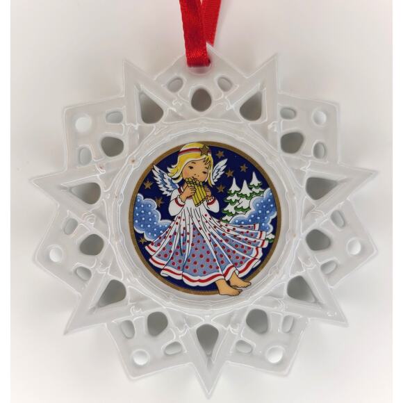 Christmas Holiday Angel Ornament Schmuckstern White Porcelain Panflute Trumpet - Picture 4 of 5